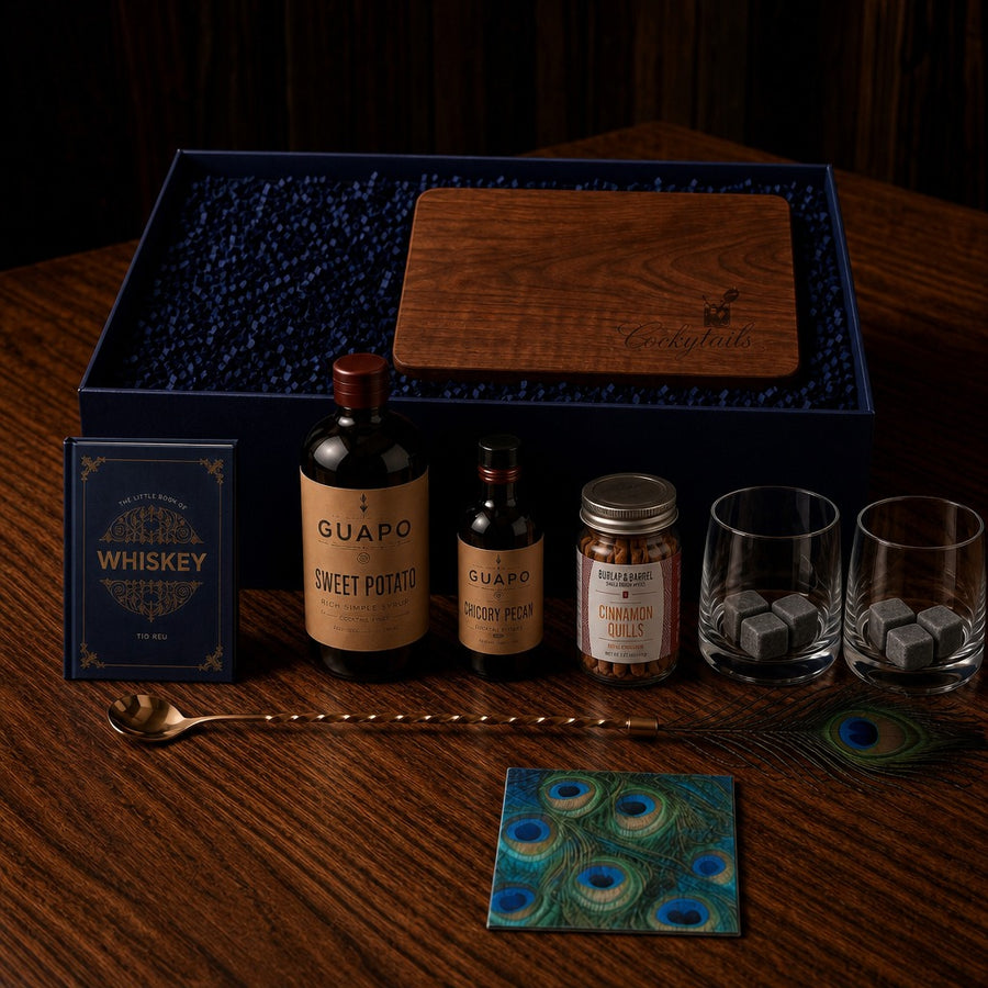 Peacock Reserve unboxed with grey stones in the glasses