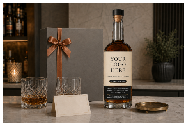 Custom-labeled bourbon gift with glassware