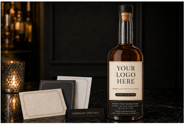Custom-labeled bourbon with Cockytails note cards